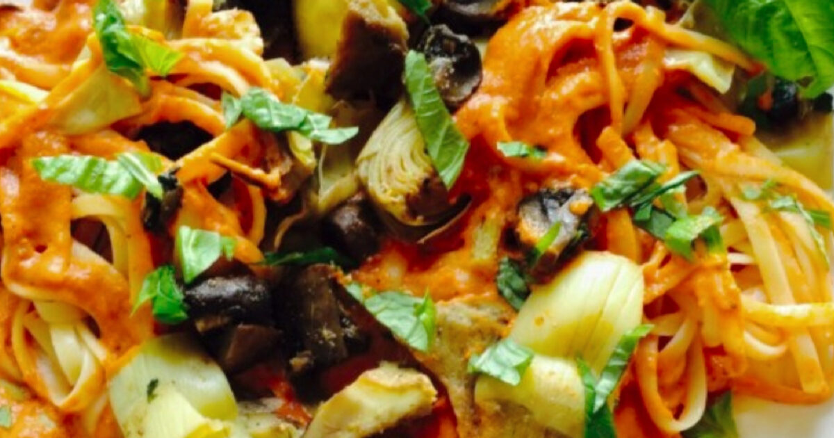 Creamy Tomato Sauce with Mushrooms and Artichokes over Linguine