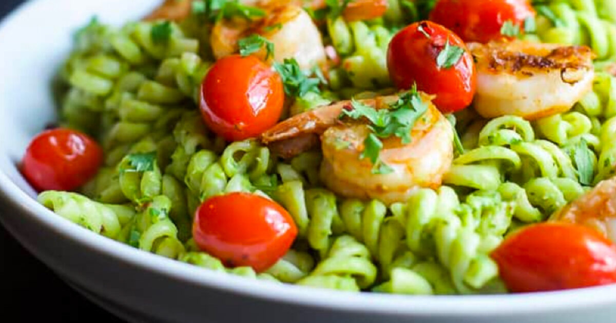 Rotini with Seared Shrimp and AvocadoChimichurri Sauce Dreamfields Foods