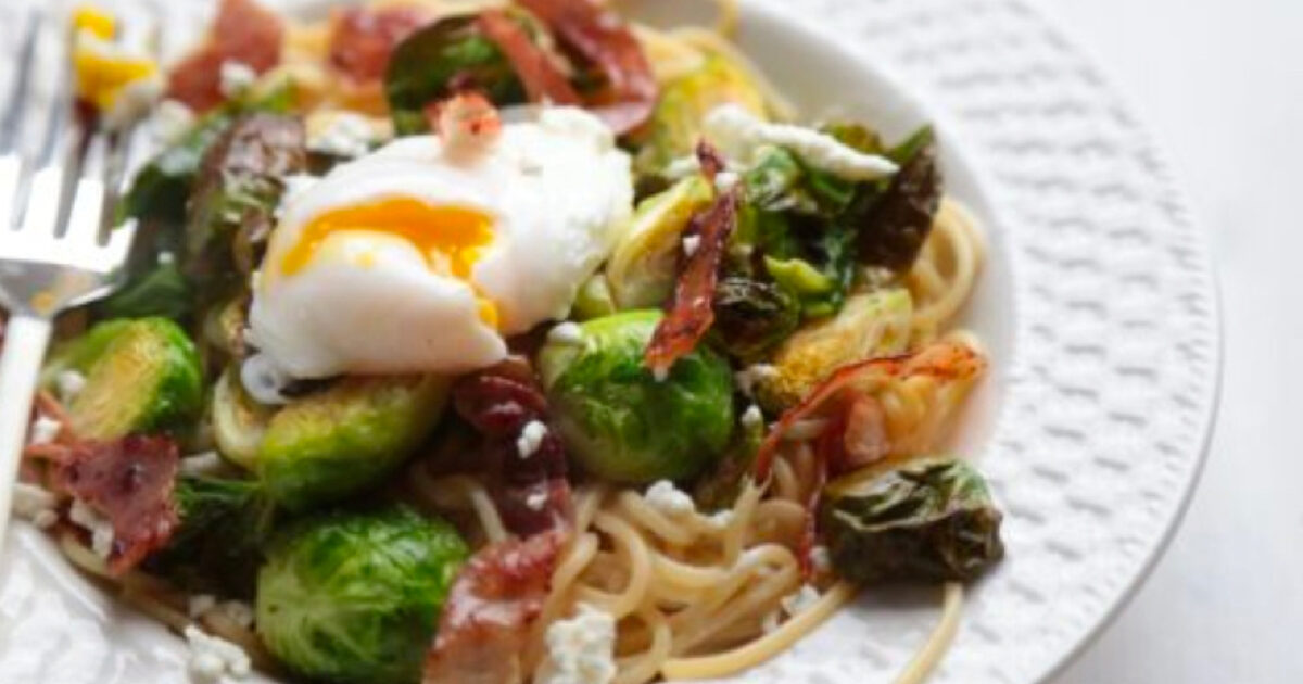 Roasted Brussels Sprouts and Bacon Pasta Dreamfields Foods