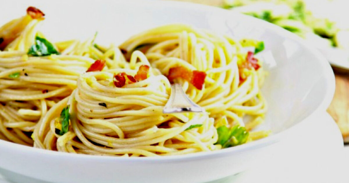 Spaghetti with Spicy Shaved Brussels Sprouts and Bacon Dreamfields Foods